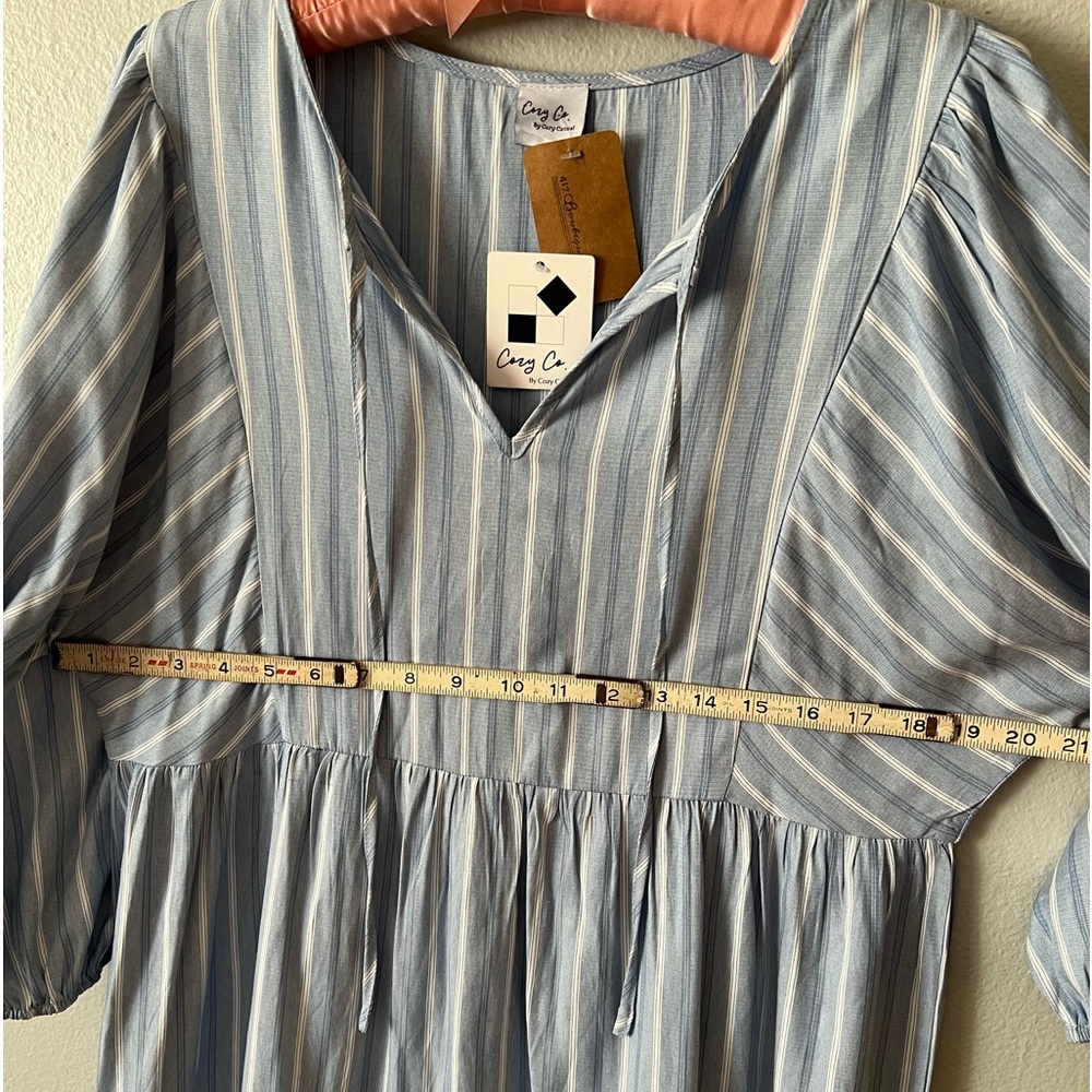 ✨SOLD✨Baby Blue Striped Tiered 3/4 Sleeve Cozy Co Dress Size L (L-XL Fit) NWT - Picture 6 of 9
